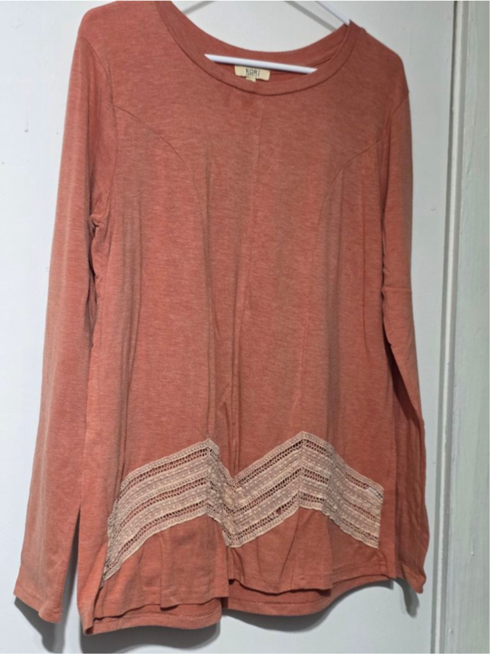 Women's Kori America Coral Long Sleeve Tee with‎ Lace Trim, Size S